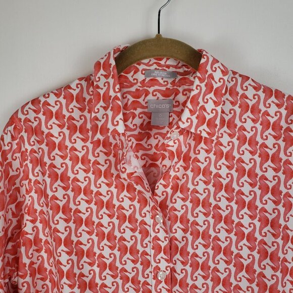 Chicos No-Iron Chic Stretch Button Up Seahorse Shirt Chicos 0 Womens Size 4 - Picture 3 of 6